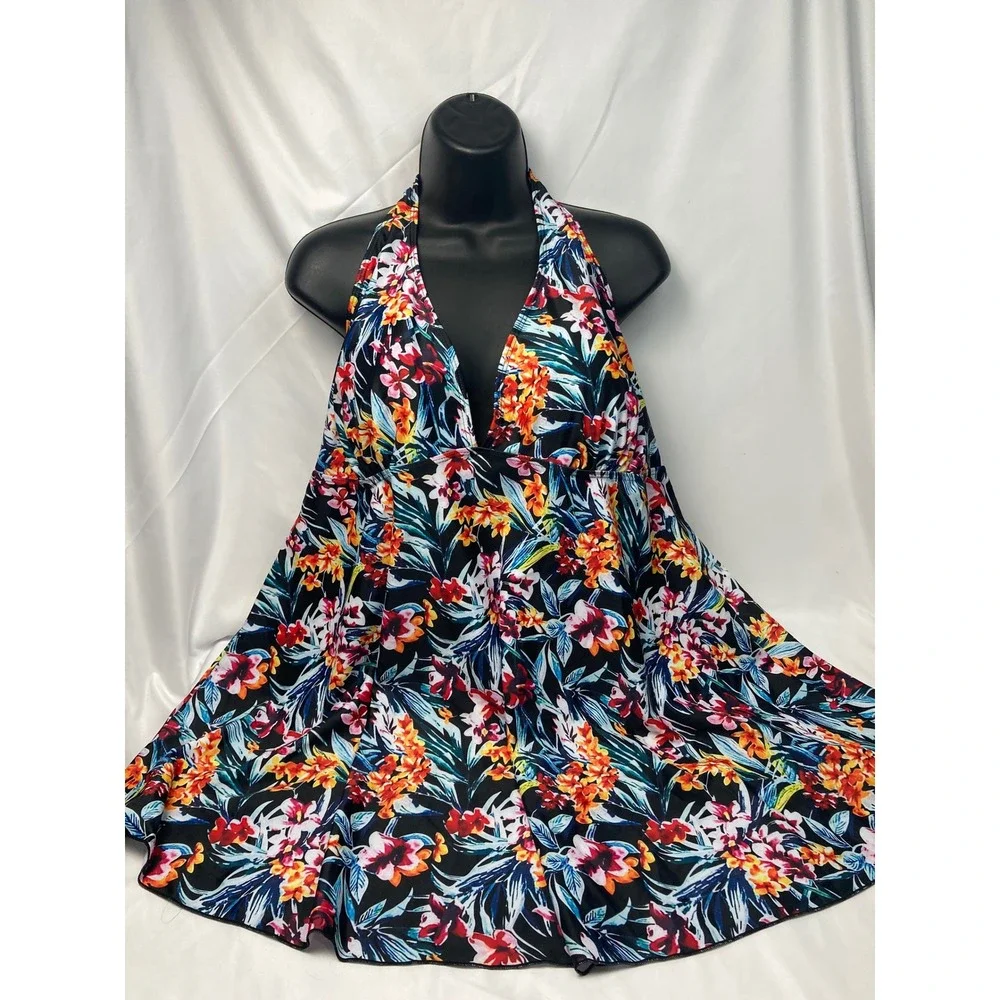 Rosegal Black Floral Halter Swim Dress Tunic Tummy Control Size 2XL US 18‎